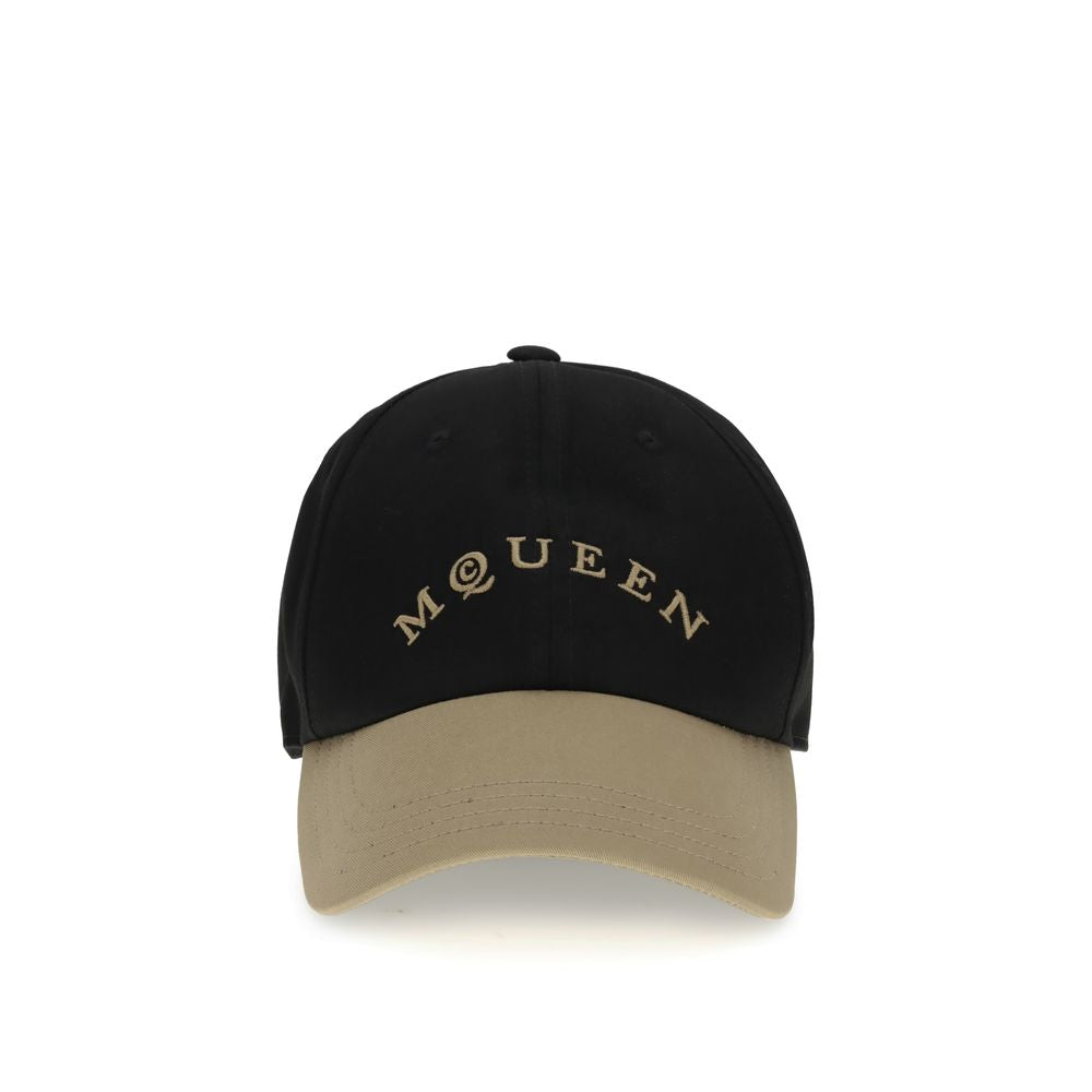 Alexander McQueen Black Cotton Cap (Baseball Hat) with beige embroidered logo and adjustable leather closure, crafted in 100% cotton.