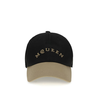 Alexander McQueen Black Cotton Cap (Baseball Hat) with beige embroidered logo and adjustable leather closure, crafted in 100% cotton.