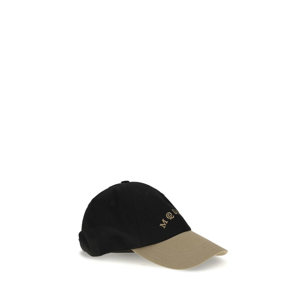 Alexander McQueen Black Cotton Cap (Baseball Hat) with beige embroidered logo, adjustable leather closure, and 100% cotton material.