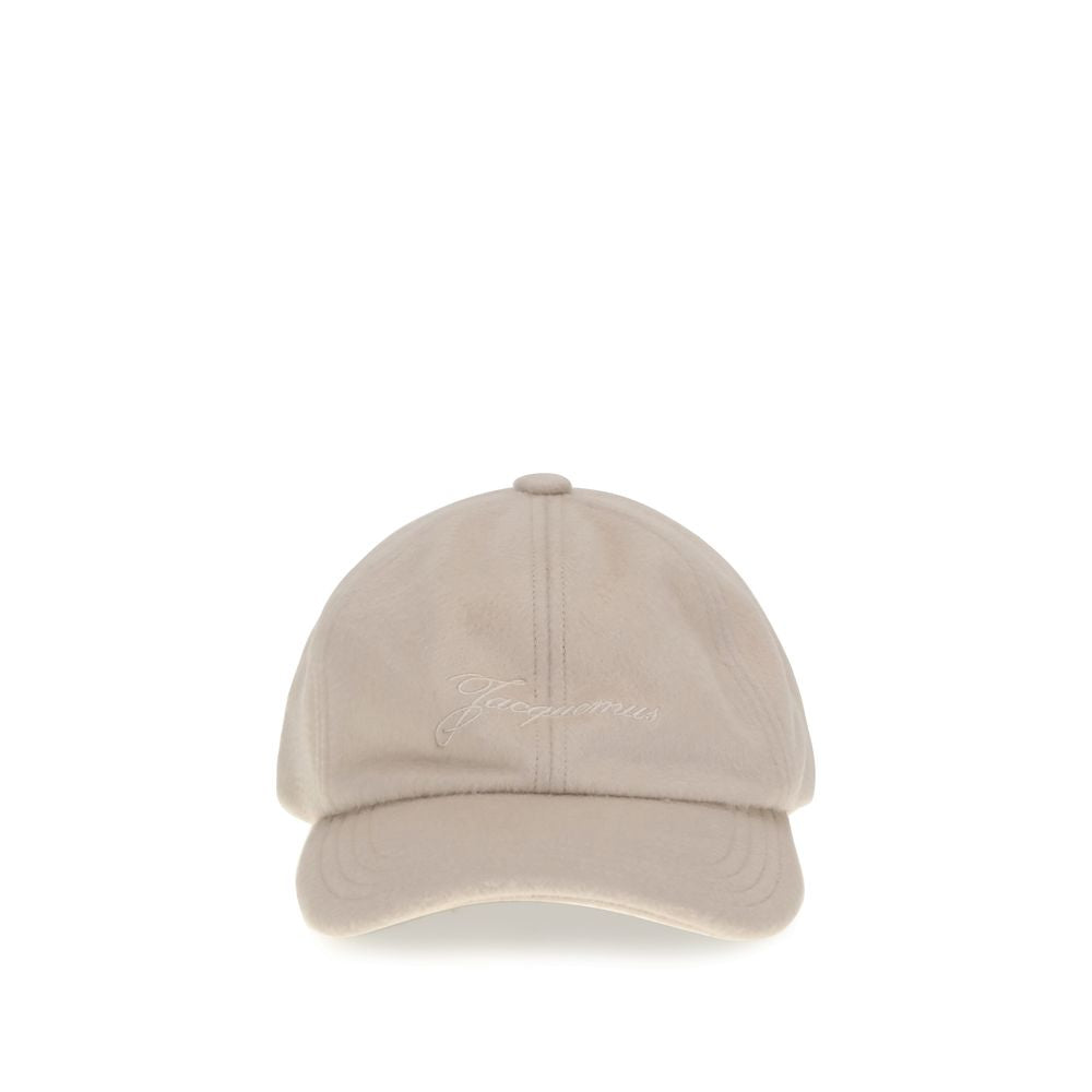 Jacquemus Beige Wool Cap (Baseball Hat) with embroidered logo, stitched brim, adjustable buckle, 100% wool for AW25 collection.