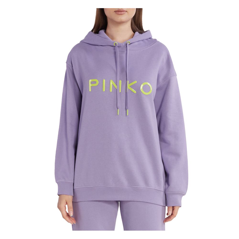 Woman wearing PINKO Purple Cotton Women Sweater with bold logo print, showcasing casual chic fashion.