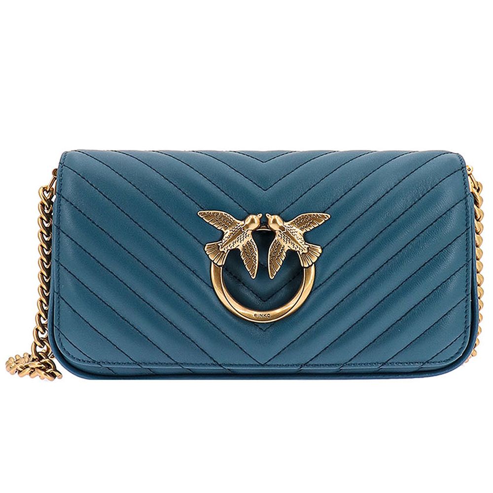 PINKO Blue Calfskin Women Crossbody Bag with matelassé design and bird detail, featuring adjustable leather and metal strap for elegant styling.