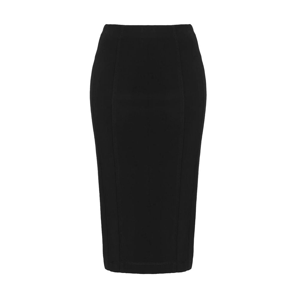 PINKO Black Viscose Skirt with rear zip closure, slim fit design, made in Italy, showcasing elegant stretch technical fabric.