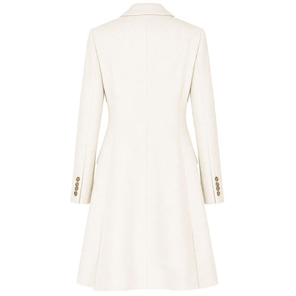 Back view of Made in Italy White Wool Women Coat showcasing its elegant design and premium virgin wool fabric.