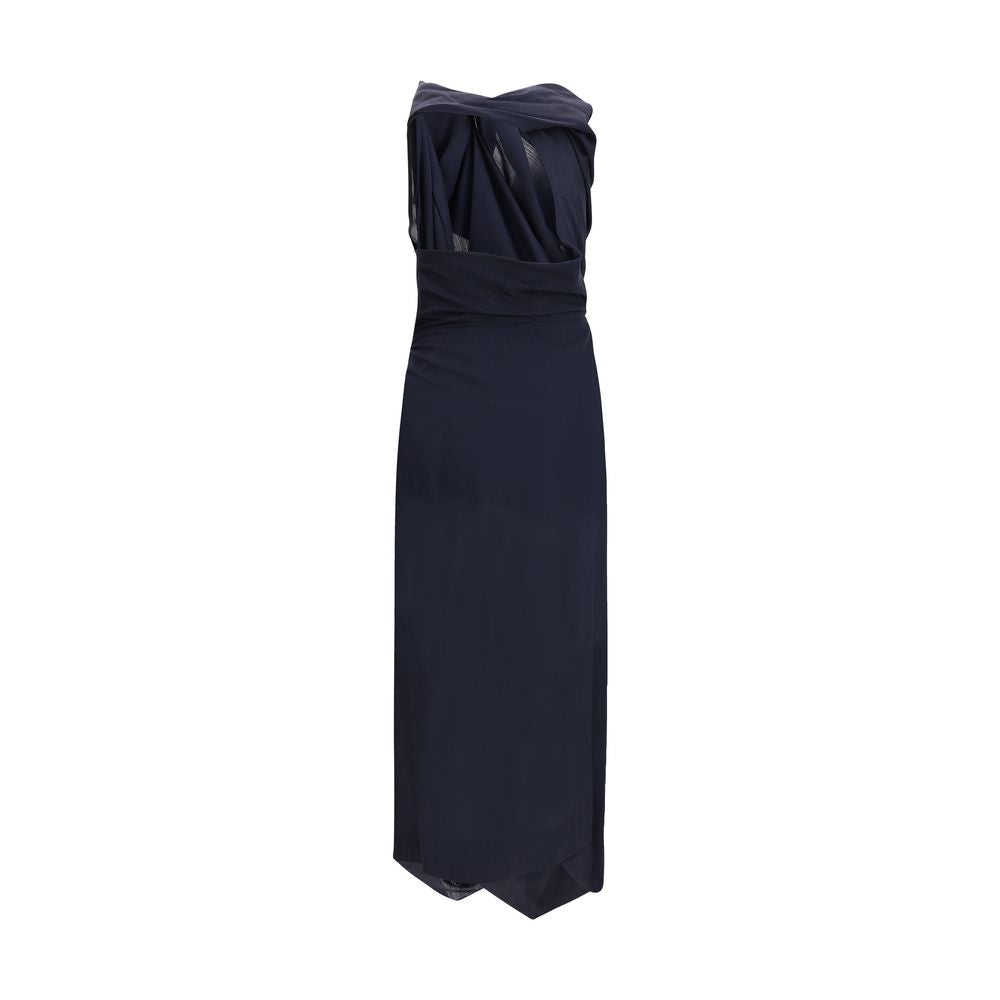 Vivienne Westwood Blue Wool Casual Dress with halter neckline and asymmetric hem, showcasing elegant draping and fitted waist detail.