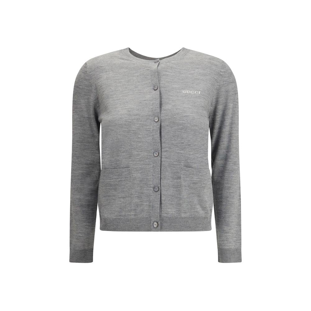 Gucci Gray Cashmere Cardigan with ribbed cuffs, crew neck, button closure, and iconic signature, AW25 collection.