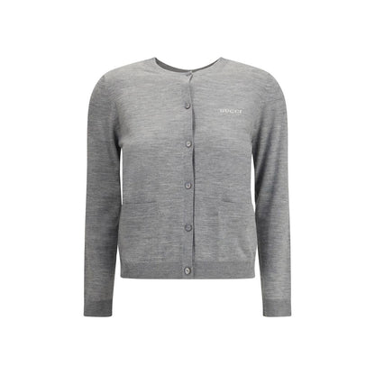 Gucci Gray Cashmere Cardigan with ribbed cuffs, crew neck, button closure, and iconic signature, AW25 collection.