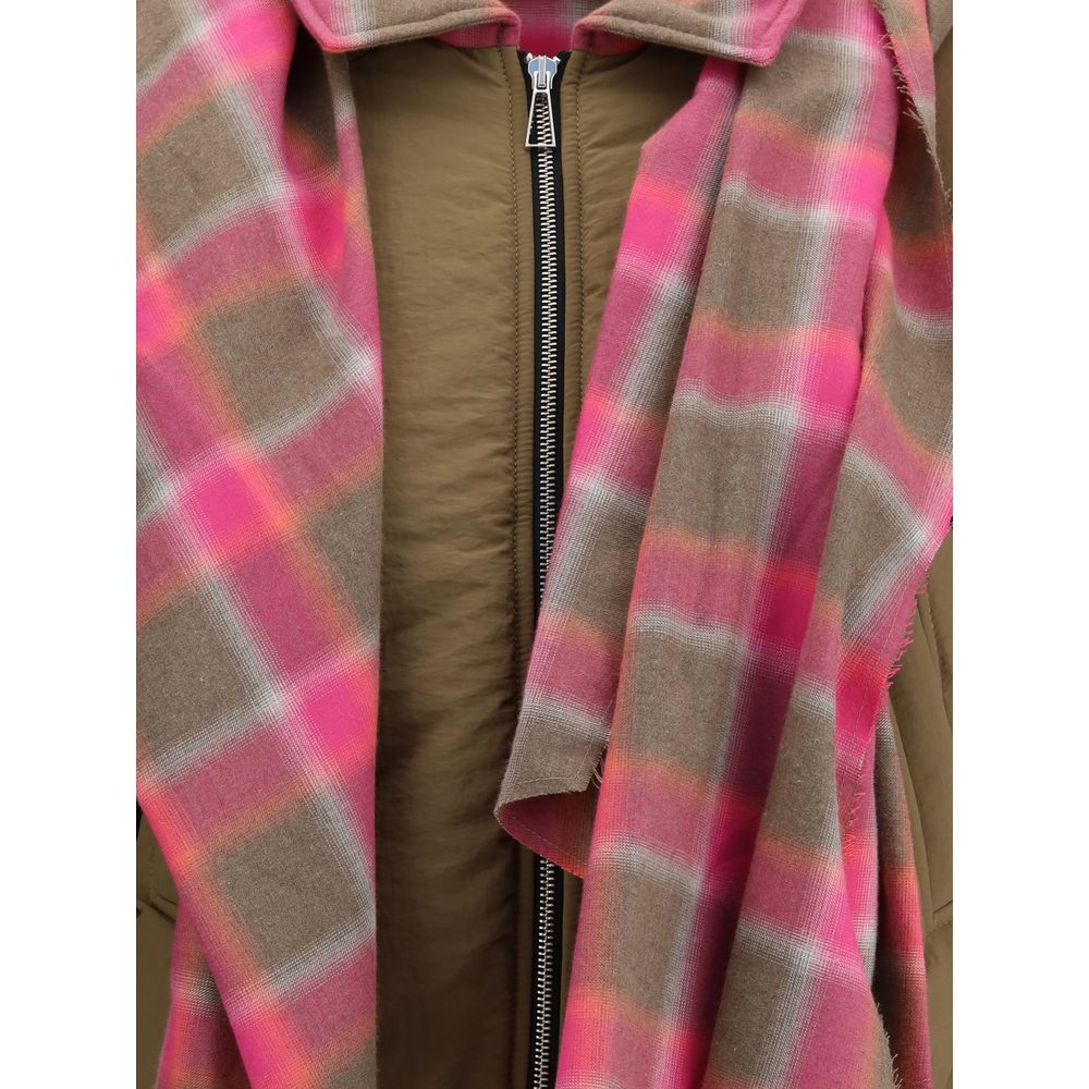 Close-up of MARBELL Brown Cotton Shell Jacket with plaid maxi scarf and front zip, featuring quilted down for comfort and style.