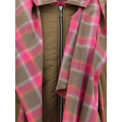 Close-up of MARBELL Brown Cotton Shell Jacket with plaid maxi scarf and front zip, featuring quilted down for comfort and style.