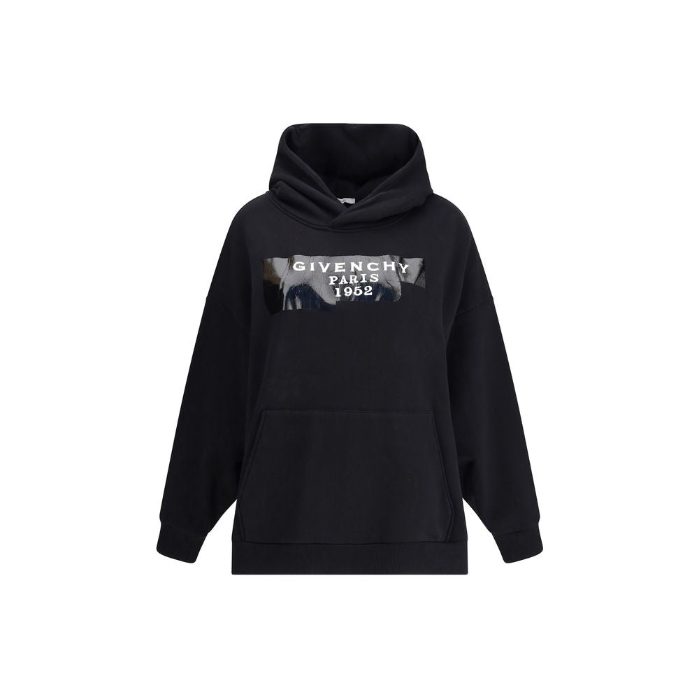 Givenchy Black Cotton Sweatshirt with hood and pouch pocket, featuring GIVENCHY Tape 3D print on the front, ribbed hem and cuffs, oversize fit.