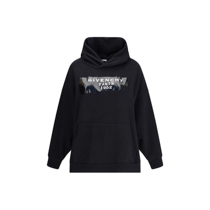 Givenchy Black Cotton Sweatshirt with hood and pouch pocket, featuring GIVENCHY Tape 3D print on the front, ribbed hem and cuffs, oversize fit.