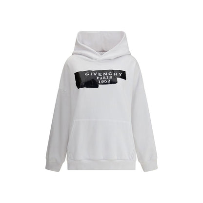 Givenchy White Cotton Sweatshirt with hood and pouch pocket, featuring GIVENCHY Tape 3D print, ribbed hem and cuffs. AW25 oversized fit.