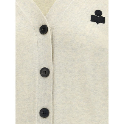 Close-up of Marant Etoile White Cotton Cardigan showing button details and logo, highlighting its V-neck and refined casual style.