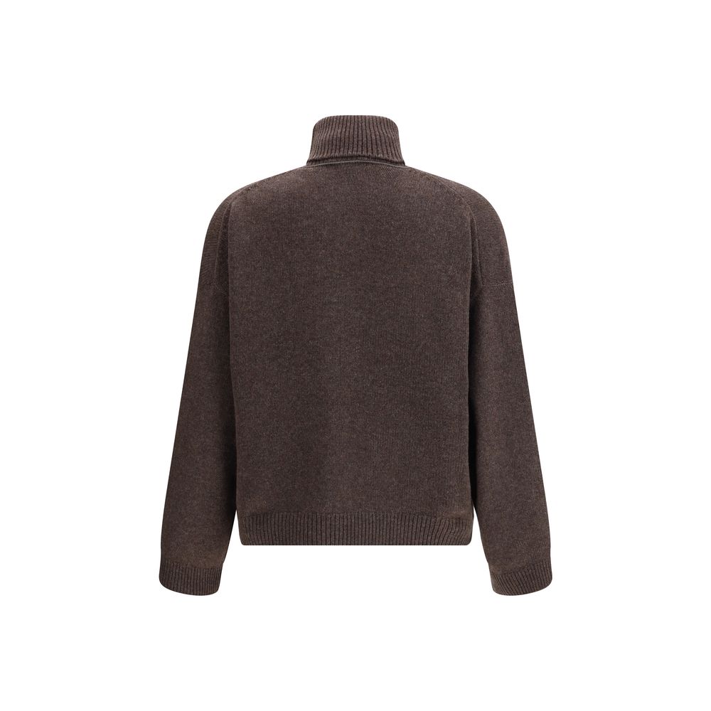 Brunello Cucinelli Brown Cashmere Turtleneck with relaxed fit and elegant nickel-free monile embroidery, showcasing timeless style.
