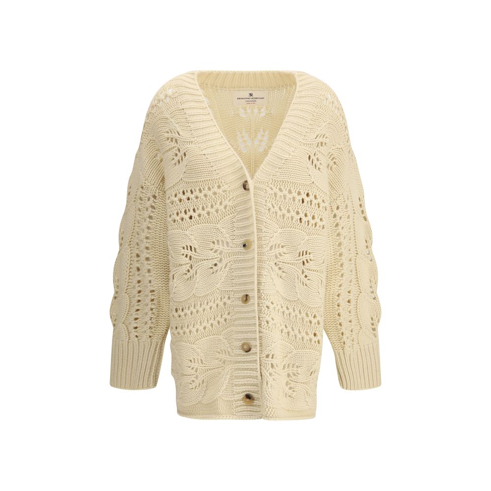 Ermanno Scervino Beige Cashmere Cardigan with V-neck and front button closure, featuring an oversized pattern and perforated design for modern elegance.