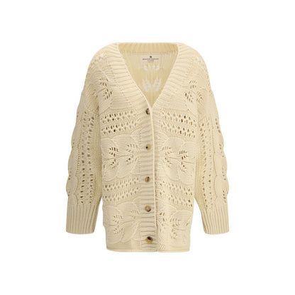 Ermanno Scervino Beige Cashmere Cardigan with V-neck and front button closure, featuring an oversized pattern and perforated design for modern elegance.