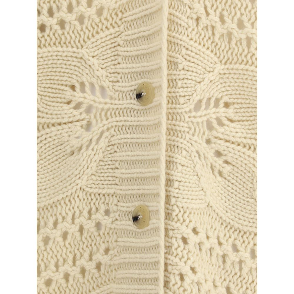 Detailed view of Ermanno Scervino Beige Cashmere Cardigan with button closure and textured knit design. Elegant fall fashion piece.