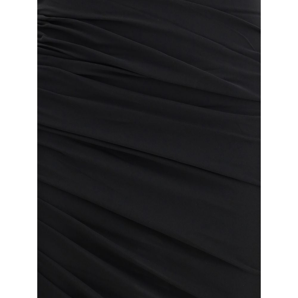 Close-up of Jacquemus Black Acetate Casual Dress fabric showing ruching detail for the La Piazza midi design with asymmetric hem.