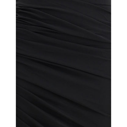 Close-up of Jacquemus Black Acetate Casual Dress fabric showing ruching detail for the La Piazza midi design with asymmetric hem.