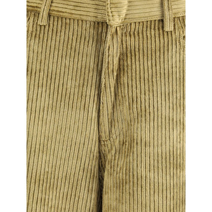 Close-up of Petar Petrov Gold Cotton Casual Pants in corduroy texture, highlighting the refined fabric and wide leg design.
