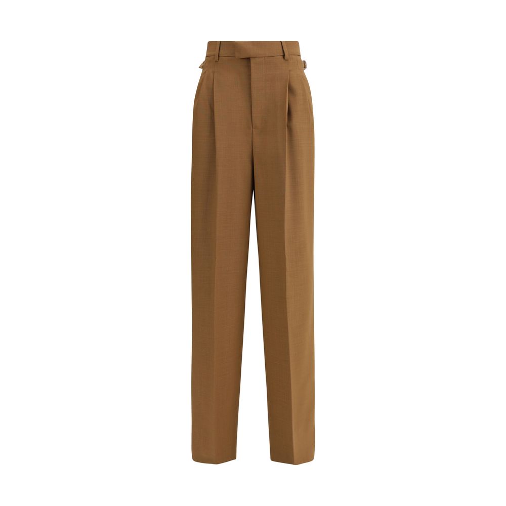 Ami Paris Brown Wool Casual Pants with high waist, adjustable side tabs, and V-shaped back detail, crafted in light wool twill.