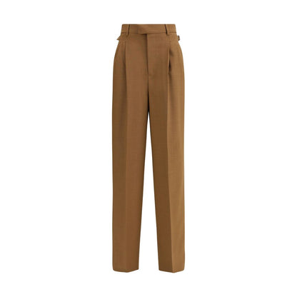 Ami Paris Brown Wool Casual Pants with high waist, adjustable side tabs, and V-shaped back detail, crafted in light wool twill.