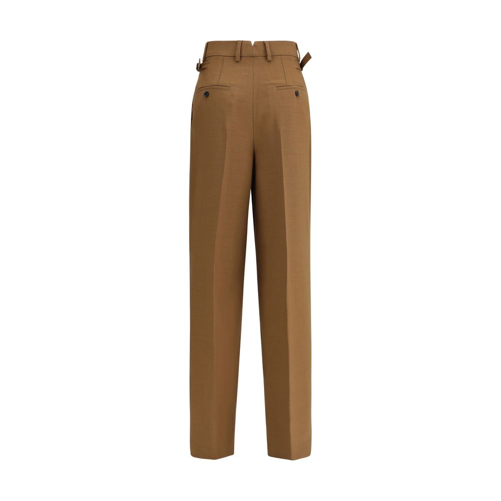 Ami Paris Brown Wool Casual Pants with high waist and adjustable side tabs, showcasing back detail and buttoned pockets.