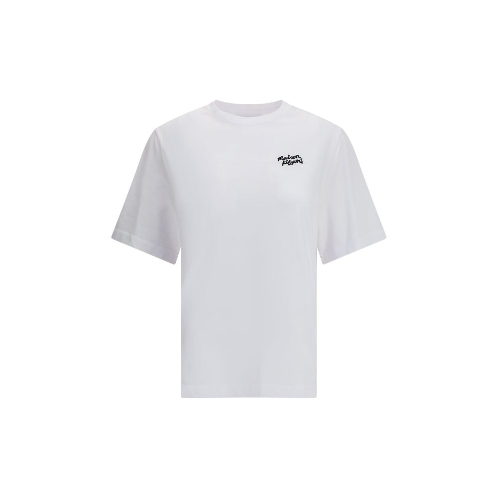 Maison Kitsuné White Cotton T-Shirt with logo embroidery on front, ribbed crew neck, 100% cotton, regular fit, AW25 season fashion.