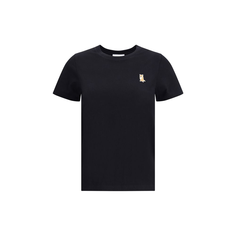 Maison Kitsuné Black Cotton T-Shirt with embroidered fox patch, ribbed crew neck, ideal for a casual polished look, 100% cotton.