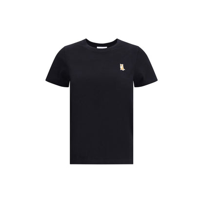 Maison Kitsuné Black Cotton T-Shirt with embroidered fox patch, ribbed crew neck, ideal for a casual polished look, 100% cotton.