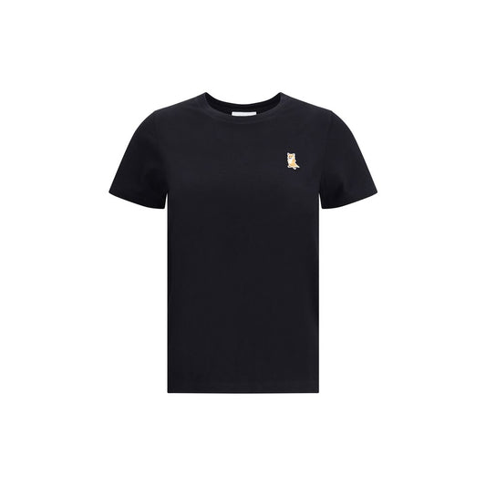 Maison Kitsuné Black Cotton T-Shirt with embroidered fox patch, ribbed crew neck, ideal for a casual polished look, 100% cotton.