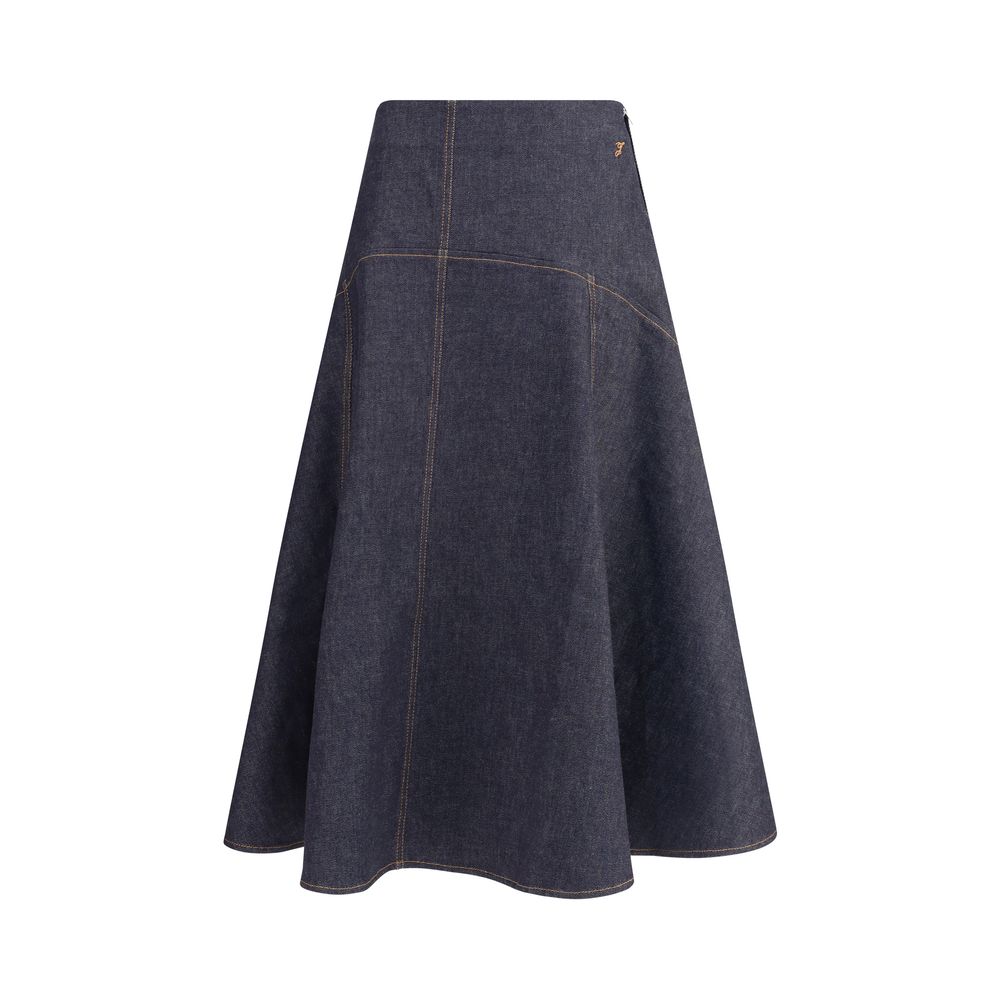 Jacquemus Blue Cotton Midi Skirt with flared design and contrast stitching, featuring 'J' embroidery and side zipper, 100% cotton.
