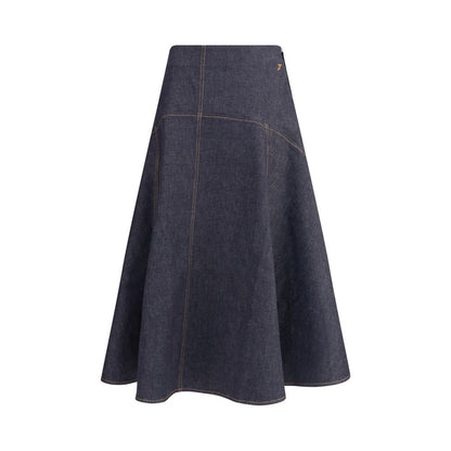 Jacquemus Blue Cotton Midi Skirt with flared design and contrast stitching, featuring 'J' embroidery and side zipper, 100% cotton.