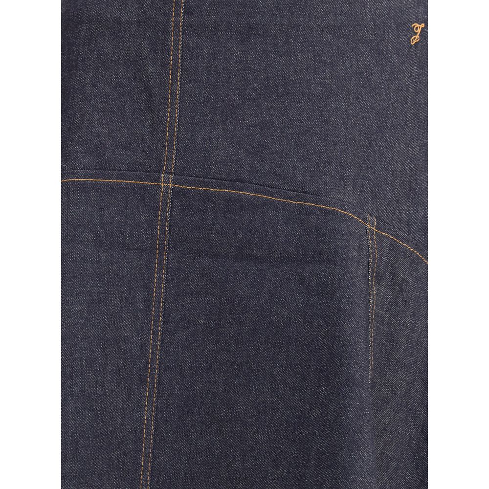 Close-up of Jacquemus Blue Cotton Midi Skirt featuring contrast stitching and 'J' embroidery in denim fabric.