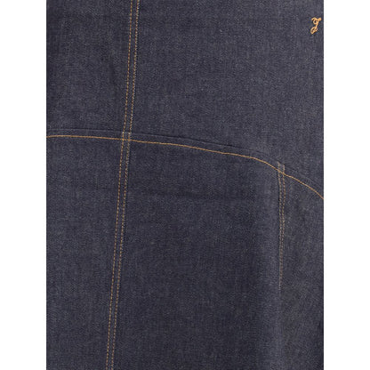 Close-up of Jacquemus Blue Cotton Midi Skirt featuring contrast stitching and 'J' embroidery in denim fabric.