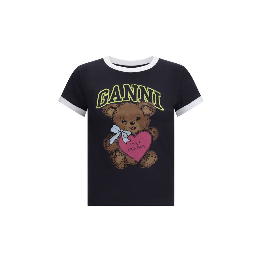 Ganni Black Cotton T-Shirt with teddy bear print, round neckline, short sleeves, "Have a Nice Day! Please Recycle" message.