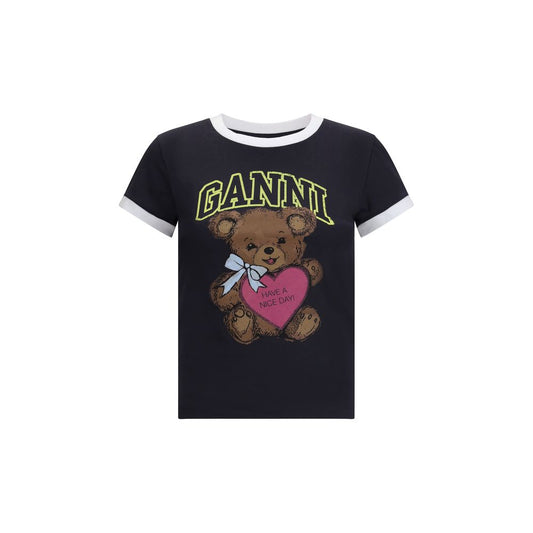 Ganni Black Cotton T-Shirt with teddy bear print, round neckline, short sleeves, "Have a Nice Day! Please Recycle" message.