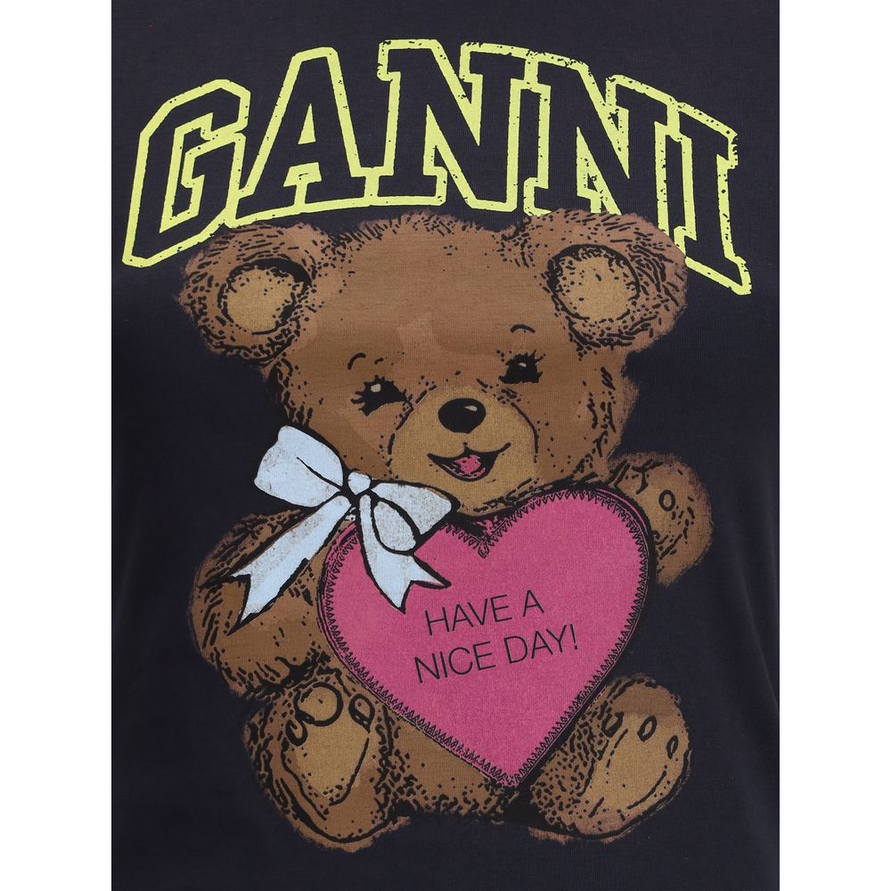 Ganni Black Cotton T-Shirt with teddy bear design and "Have a Nice Day! Please Recycle" message, GANNI logo prominently displayed.