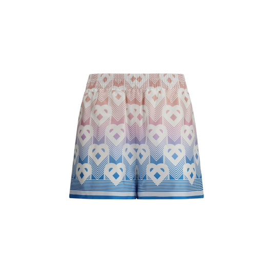 Casablanca Multicolor Silk Bermuda Shorts featuring multicolored degradé heart monogram and elastic waist, AW25 collection.
