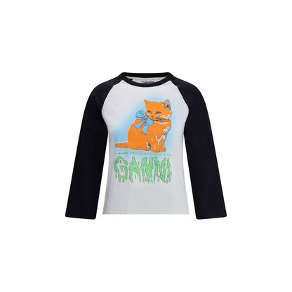 Ganni Multicolor Cotton T-Shirt featuring a kitten graphic, 'Have a nice day! Please recycle!' message, three-quarter sleeves, 100% cotton.