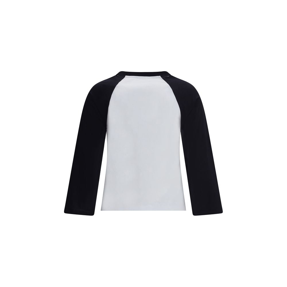 Back view of Ganni Multicolor Cotton T-Shirt with black sleeves and white body, featuring a round neckline and playful kitten graphic.