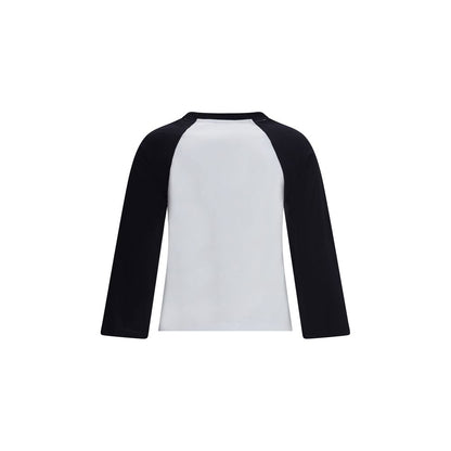 Back view of Ganni Multicolor Cotton T-Shirt with black sleeves and white body, featuring a round neckline and playful kitten graphic.