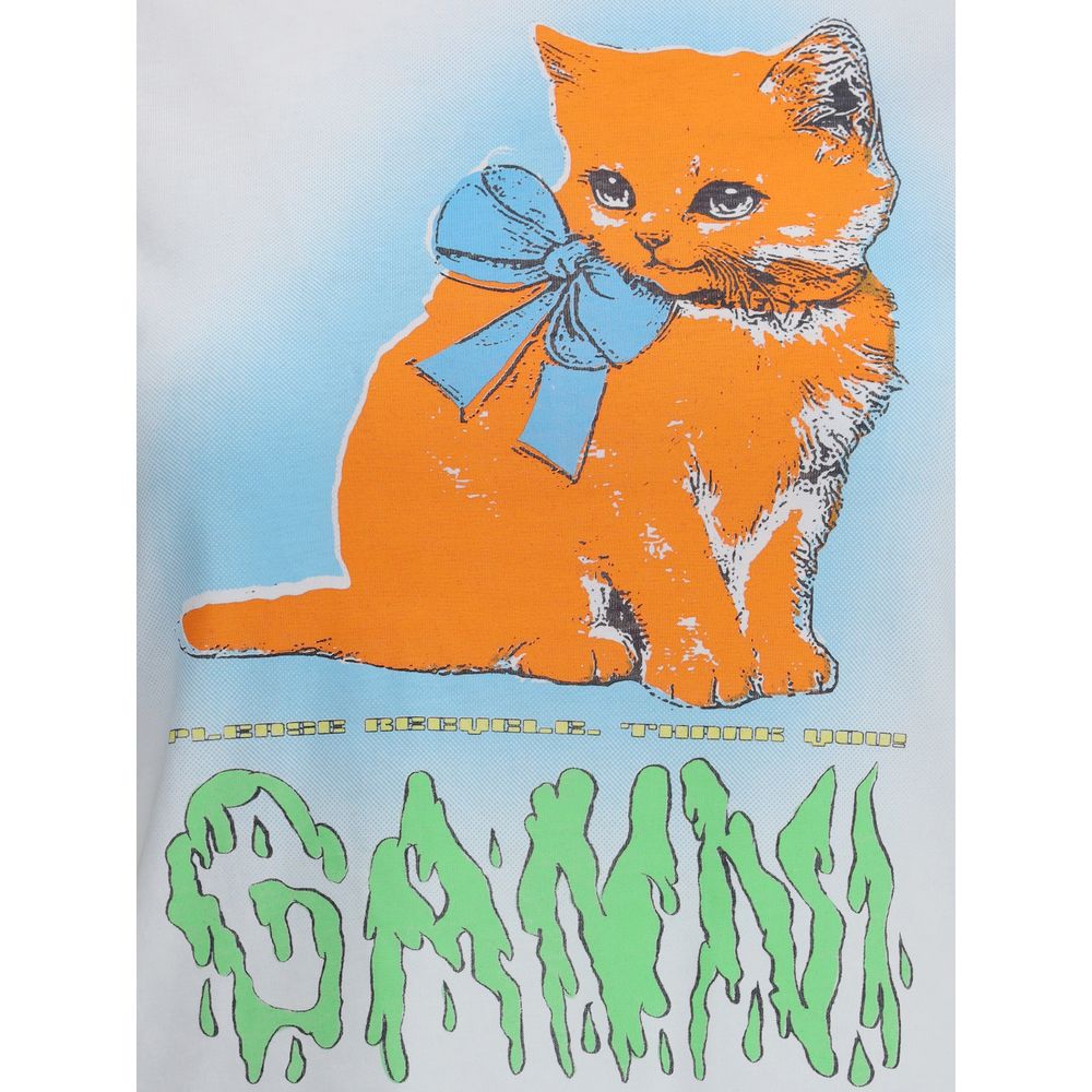 Ganni Multicolor Cotton T-Shirt featuring playful kitten graphic with 'Have a nice day! Please recycle!' text, 100% cotton.