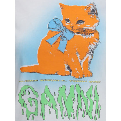 Ganni Multicolor Cotton T-Shirt featuring playful kitten graphic with 'Have a nice day! Please recycle!' text, 100% cotton.