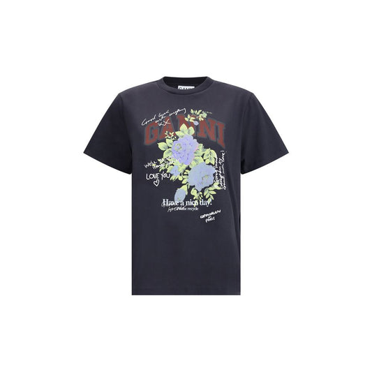 Ganni Black Cotton T-Shirt with rose print, GANNI logo, and sustainability message. Short sleeves and round neckline. 100% cotton, AW25 season.