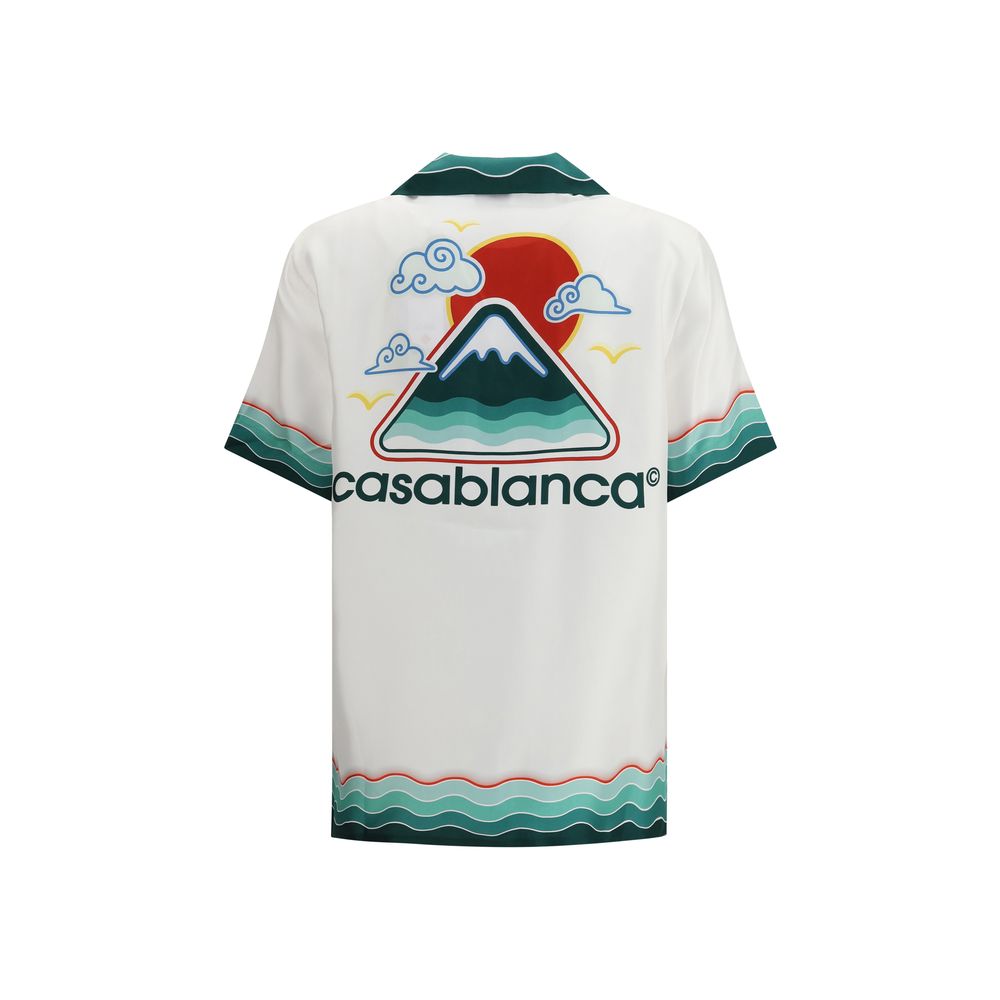 Casablanca White Silk Pattern Shirt with Japanese iconography, Cuban collar, and Montagne Ondulée print, back view for AW25 season.