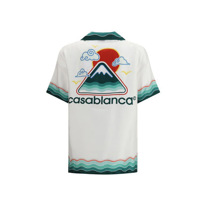 Casablanca White Silk Pattern Shirt with Japanese iconography, Cuban collar, and Montagne Ondulée print, back view for AW25 season.