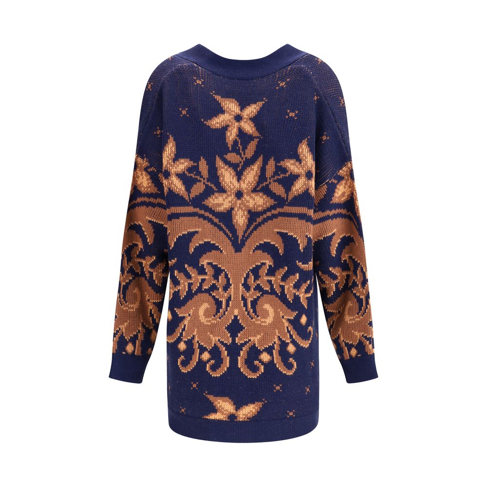 Etro Multicolor Wool Cardigan featuring floral-inspired piazzato pattern and loose over fit, showcasing back design for AW25 season.