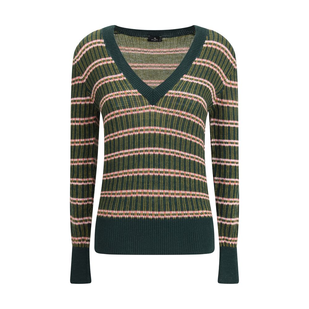 Etro Green Wool Sweatshirt with multicolored jacquard pattern, V-neckline, and ribbed trim, featuring a slim fit design.