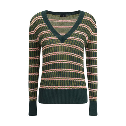 Etro Green Wool Sweatshirt with multicolored jacquard pattern, V-neckline, and ribbed trim, featuring a slim fit design.